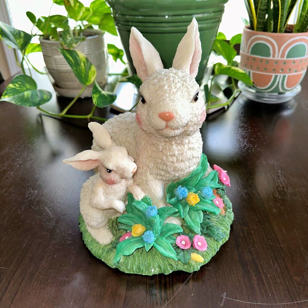 Mama Rabbit & Baby Bunny Floral Figurine Seasonal Easter Casual Decor